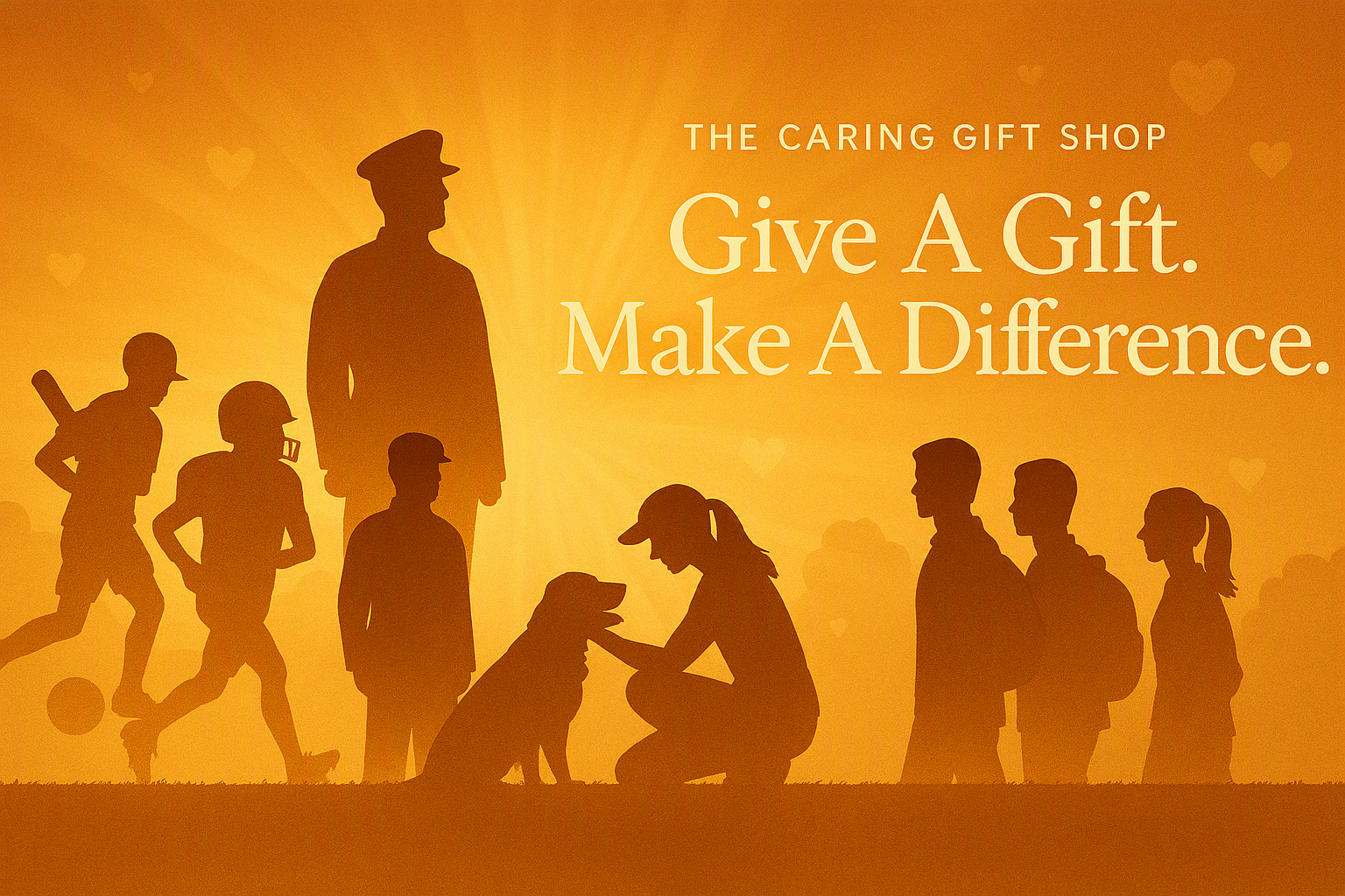 Silhouettes of people and a dog with text about The Caring Gift Shop on an orange background.